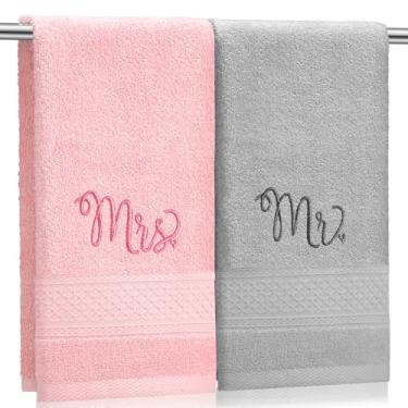 Imagem de Tingjoo 2 peças de toalhas de mão de casal 100% algodão bordado toalha de banheiro presente para casal, aniversário de casamento decoração de banheiro 73,7 x 33 cm (cinza, rosa, senhora)