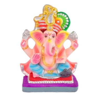 Imagem de SATVIK Ídolo Pagdi Ganesha elegante e ecológico de 25 cm - pose sentada, escultura de argila biodegradável, estátua de divindade hindu feita à mão para decoração de casa e festivais (27,5 cm x 20 cm)
