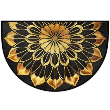 Imagem de Capacho meio redondo, mandala, étnico, dourado, floral, antiderrapante, meio círculo, lavável, para ambientes internos, meia lua, semicírculo, banheiro, corredor, tapete de entrada, para decoração de