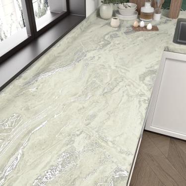 Imagem de Wallderful Papel de contato de mármore prateado bege fosco para bancadas, papel de parede de mármore removível moderno para cozinha, armários de mesa, paredes de banheiro, papel de bancada de granito