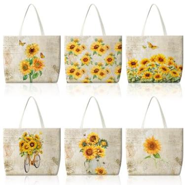 Imagem de Bencailor 6 peças sacolas de lona de girassol reutilizáveis em massa sacos de presente de girassol estética flores amarelas sacola de compras de supermercado para mulheres presentes vida diária