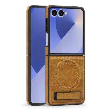 Imagem de Lunivop Capa de couro para Samsung Galaxy Z Flip 7 [compatível com carregamento sem fio Magsafe] Suporte magnético Funda para Z Flip 7 Rugged Best Phone Cases Brown