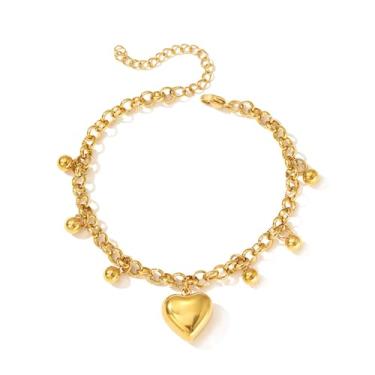 Imagem de FUTIMELY Pulseiras com pingente de coração dourado para mulheres, pulseira charmosa de coração inchado, pulseira de corrente ajustável, joias modernas, Large, Liga metálica, Sem Pedra Preciosa