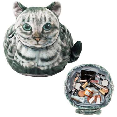 Imagem de Bolsa de maquiagem Openhahaha em forma de gato com cordão cinza Tabby
