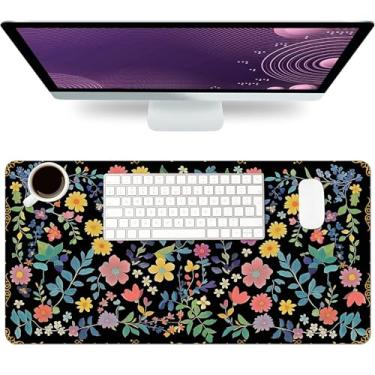 Imagem de Tapete de mesa grande, antiderrapante de couro PU para jogos, mouse e teclado, tapetes de mesa 60 x 30 cm para trabalho, decoração de escritório, presentes, preto, floral