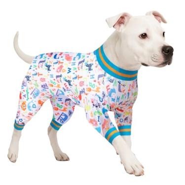 Imagem de LovinPet Macacões para cães grandes - camiseta para cachorro grande, pijama de cachorro, tecido de flanela leve e elástico, estampa branca do alfabeto da Arca de Noé, pijamas de cachorro grande,