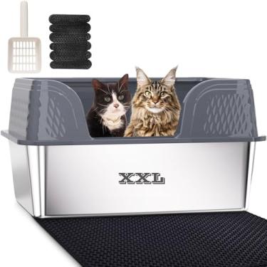 Imagem de Kexkyo Caixa de areia para gatos de aço inoxidável fechada com tampa Caixa de areia extragrande para gatos grandes XXL Bandeja de areia de metal com laterais altas e tapete de areia dentro