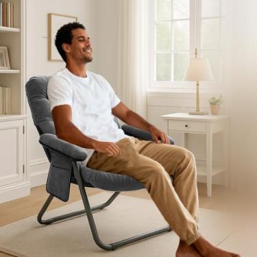 Imagem de Poltrona dobrável com braços: Poltrona de lazer estofada confortável portátil, com bolsa lateral e estrutura de metal resistente para sala de estar e varanda (Cor Cinza)