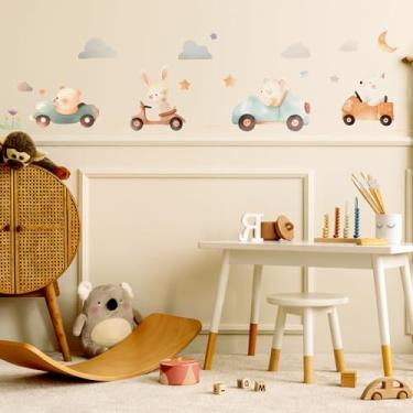 Imagem de RoyoLam Adesivos de parede de carro de condução de animais bebês removíveis urso coelho rato adesivos de vinil para berçário crianças quarto e sala de jogos, arte de parede de desenho animado