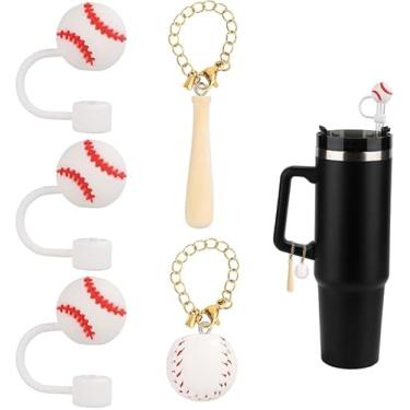 Imagem de Pacote com 3 topos de palha de beisebol, capa de canudo para copos, protetor de palha de silicone de 10 mm com 2 peças de pingentes de beisebol personalizados 3D para acessórios de copo Stanley