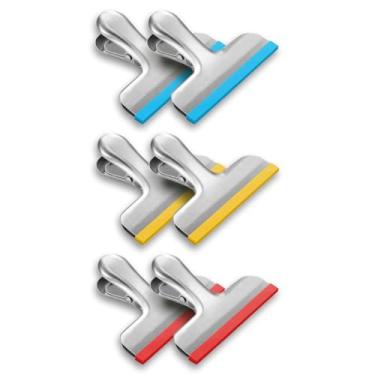 Imagem de Pacote com 6 clipes de aço inoxidável cobertos com silicone, sem bordas afiadas, codificados por cores para sacos de alimentos, vedação hermética, resistente para cozinha e escritório, 7,6 cm