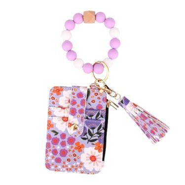 Imagem de Carteiras de Pulso Estilo Boho para Mulher, Estampado Floral Porta-Chaves com Borlas e Missangas com Vários Compartimentos para Dinheiro Moedas e Porta-Cartões Crédito