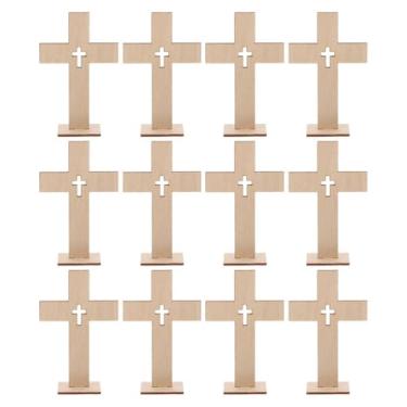 Imagem de Angoily 12 peças de cruzes de madeira para artesanato, cruzes em pé com base, centros de mesa para igreja, casa, casamento, decoração de batismo, 10,12 cm x 5,8 cm x 2,87 cm x 2,98 polegadas, bege