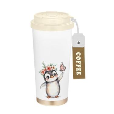 Imagem de SEHANY Caneca de viagem de pinguim fofa de 482 g Copos de café reutilizáveis revestidos de cerâmica com tampa à prova de vazamento, parede dupla, isolamento a vácuo, copo de café de aço inoxidável