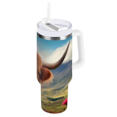 Imagem de xigua Copo Highland Cow 1,134 g com tampa e canudo, aço inoxidável de vácuo duplo isolado garrafa de água esportiva suporte para copo de café de viagem à prova de vazamento para bebida gelada