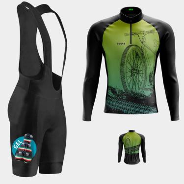 Imagem de Conjunto Ciclismo Masculino Camisa Bike Verde Degradê PRO Manga Longa Bolso Traseiro e Bretelle Gel-Masculino