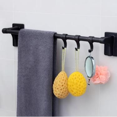 Imagem de Porta Toalha de Parede 50cm com 6 Ganchos, Fixação Adesiva Sem Furos, Plástico Resistente, Barra para Toalhas e Ganchos Multiuso, Disponível em Branco e Preto (PRETO)