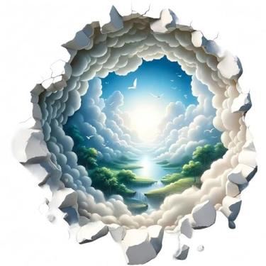 Imagem de MaiKeAYang Decalques de parede 3D murais removíveis vinil paredes decorações céu pássaros nuvens brancas rio para sala de estar quartos de bebê quarto banheiro casa parede decoração DIY