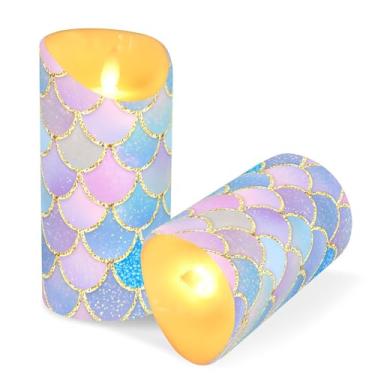 Imagem de ATTX Pacote com 2 velas sem chama de escamas de peixe sereia – Velas LED de 7,6 cm x 15 cm com controle remoto e temporizador para casa, casamento, decoração de acampamento #891