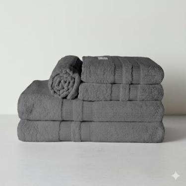 Imagem de Kit Toalha de Banho e Rosto 5 Pçs 100% Algodão 480 g/m2 Fio Duplos - Barra Dupla Decoratica, Luxo, maciez e alta absorção - Grafite