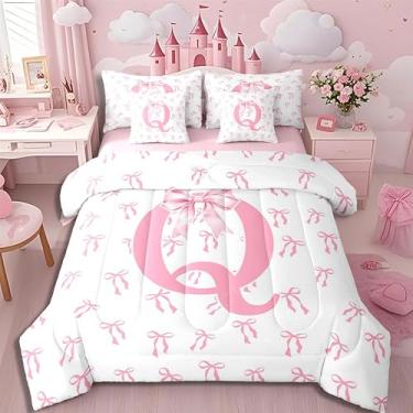 Imagem de Erosebridal Conjunto de edredom romântico com laço rosa, letra Q, letra Q, 7 peças, moderno, simples, rosa e branco, conjunto de lençol com edredom