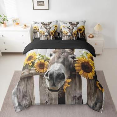Imagem de Erosebridal Jogo de cama solteiro de 7 peças para meninos e meninas, animais fofos, burro de fazenda, rústico, com edredom e girassóis, estilo fazenda ocidental