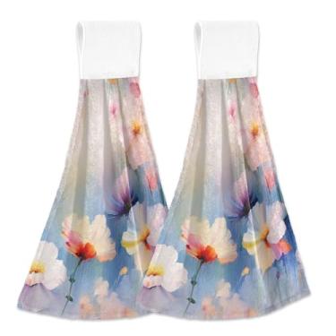 Imagem de xigua Conjunto de 2 toalhas de cozinha coloridas de flores silvestres, toalhas de cozinha macias e absorventes rápidas com laço para pendurar e adesivos mágicos, toalhas de mão de pano para pendurar