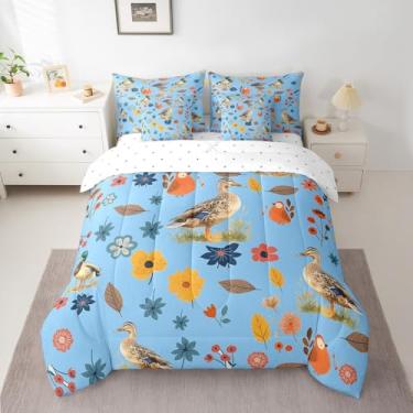 Imagem de Erosebridal Conjunto de cama solteiro de desenho animado de pato selvagem, animais botânicos, folhas e folhas azuis