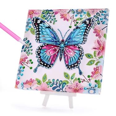 Imagem de Cymbana Kits de arte de diamante de borboleta rosa 3D para crianças com cavaletes de plástico faça você mesmo, pintura de borboleta transparente dobrável com moldura de madeira, arte e artesanato