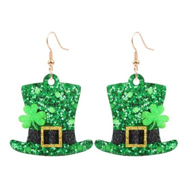 Imagem de ONENINEDREAM Brincos de trevo com glitter, acessórios para o dia de São Patrício, brincos verdes trevo, joias irlandesas para mulheres, acessórios verdes, Couro sintético, Sem pedra preciosa