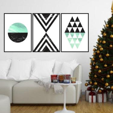 Imagem de Kit 3 Quadros Decorativos Geométrico Verde e Mármore