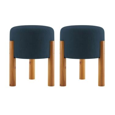 Imagem de Kit 2 Puff Estofado Redondo Banqueta Elegante com Assento Estofado em Suede Azul Marinho OEM