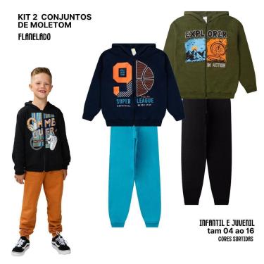 Imagem de 2 Conjuntos Moletom Juvenil Masculino Blusa Calça Flanelado Agasalho Menino Capuz Ziper...