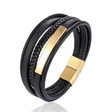 Imagem de Bracelete Pulseira Masculina Couro Luxo Preta Moderna - VINKIN, Bracel