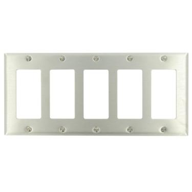 Imagem de Leviton 84423-40 5-Gang Decora Wallplate, tamanho padrão, com parafusos ensacados, suporte para dispositivo, aço inoxidável azul celeste