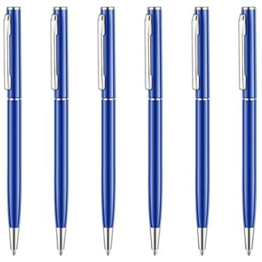 Imagem de Unibene Pacote com 6 canetas esferográficas retráteis azuis brilhantes, finas metálicas, ponta média de 1,0 mm, tinta preta com 6 refis de aço inoxidável para escritório, presente