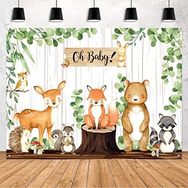 Imagem de Faixa de fundo de chá de bebê da floresta – Decorações de chá de bebê para meninos e meninas, tecido grande, tema de animal de safári, tema de animal de safári, suprimentos para festa de aniversário, decoração de fundo floresta de criatura floresta, 183 x 110 cm