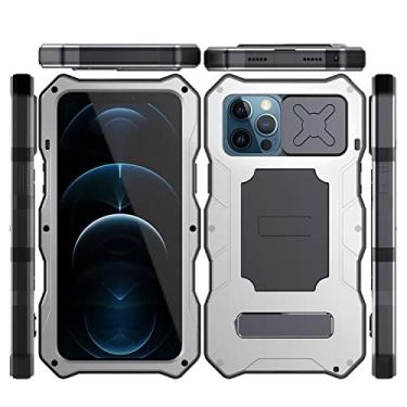 Imagem de Estojo resistente para celular com lente de câmera deslizante para iPhone 12 Pro Max Metal alumínio Bumpers Armor Kickstand Cover, prata, para iphone 12 pro