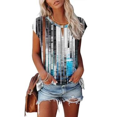 Imagem de Kistore Camisetas femininas casuais de verão com gola V, manga cavada, caimento solto, túnica, C-technology azul e branco, G