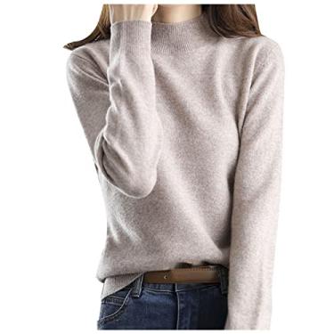 Imagem de Aniywn Suéter feminino moderno de gola rolê de malha longa confortável pulôver de manga comprida gola redonda suéter macio, Cáqui A2, GG