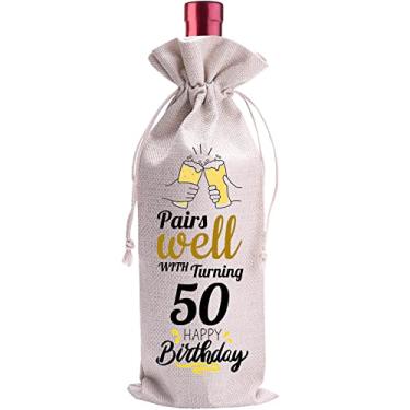 Imagem de Saco de vinho de linho para presentes de aniversário de 50 anos - Ideias de lembrança de marco de aniversário de 50 anos para querido pai irmão amigos - vinho não incluído (50º)