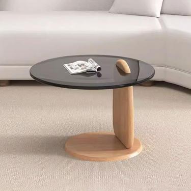 Imagem de Mesa de centro redonda de vidro para sala de estar, mesa final moderna de meados do século, mesa de centro com moldura de madeira natural e tampo de vidro temperado, mesa final minimalista p