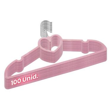 Imagem de Kit 100 Cabides Veludo Rosa Antideslizantes Formato Coração - ARBORETH