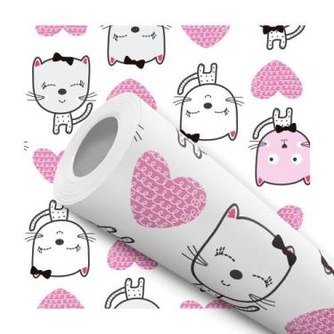Imagem de Papel de Parede Vinílico Gato Fofo Coração Rosa Infantil Quarto 1.5m -