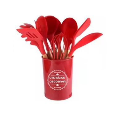 Imagem de Jogo Kit 12 Utensílios de Cozinha em Silicone Cabo Madeira Colher Pega