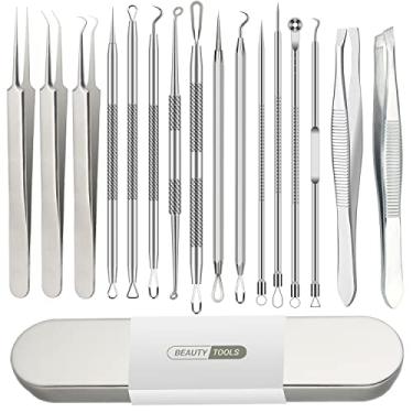 Imagem de Qimouwp Kit de Ferramentas para Popper de Espinhas de 16 Peças, Ferramentas para Remover Cravos, Ferramenta para Extrator de Acne, Ferramenta para Remoção de Cistos, Pinça Profissional de Aço Inoxidável para Sobrancelhas, Remoção de Manchas de Espinhas, Ferramentas para Salões de Beleza