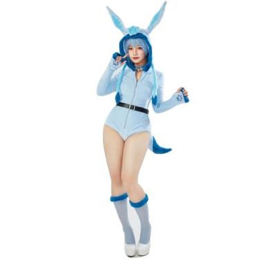 Imagem de Mobbunny Macacão feminino estilo anime de desenho animado felpudo pijama azul loungewear fofo com capuz para casa macacão curto