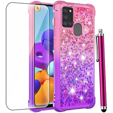 Imagem de CAIYUNL Capa para Samsung Galaxy A21S com protetor de tela de vidro temperado, mulheres, meninas, glitter, líquido, flutuante, fofo, macio, TPU (poliuretano termoplástico), à prova de choque, capa