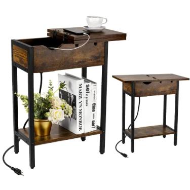 Imagem de Mesa lateral estreita com tampa flip | Estação de carregamento (USB-C e USB) | Mesa de extremidade com prateleira de armazenamento, portas USB e tomadas de energia para pequenos espaços, mesas de cabeceira para sala de estar, quarto (marrom)