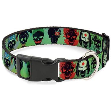 Imagem de Buckle-Down Coleira com clipe de plástico – Esquadrão Suicida com 10 rostos de personagens verdes/multicoloridos – 3,8 cm de largura – serve para pescoços de 33 a 45,7 cm – Pequena